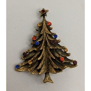 Vintage Torino Singed Christmas Tree Brooch Pin Flower Gold Tone and Rhinestones